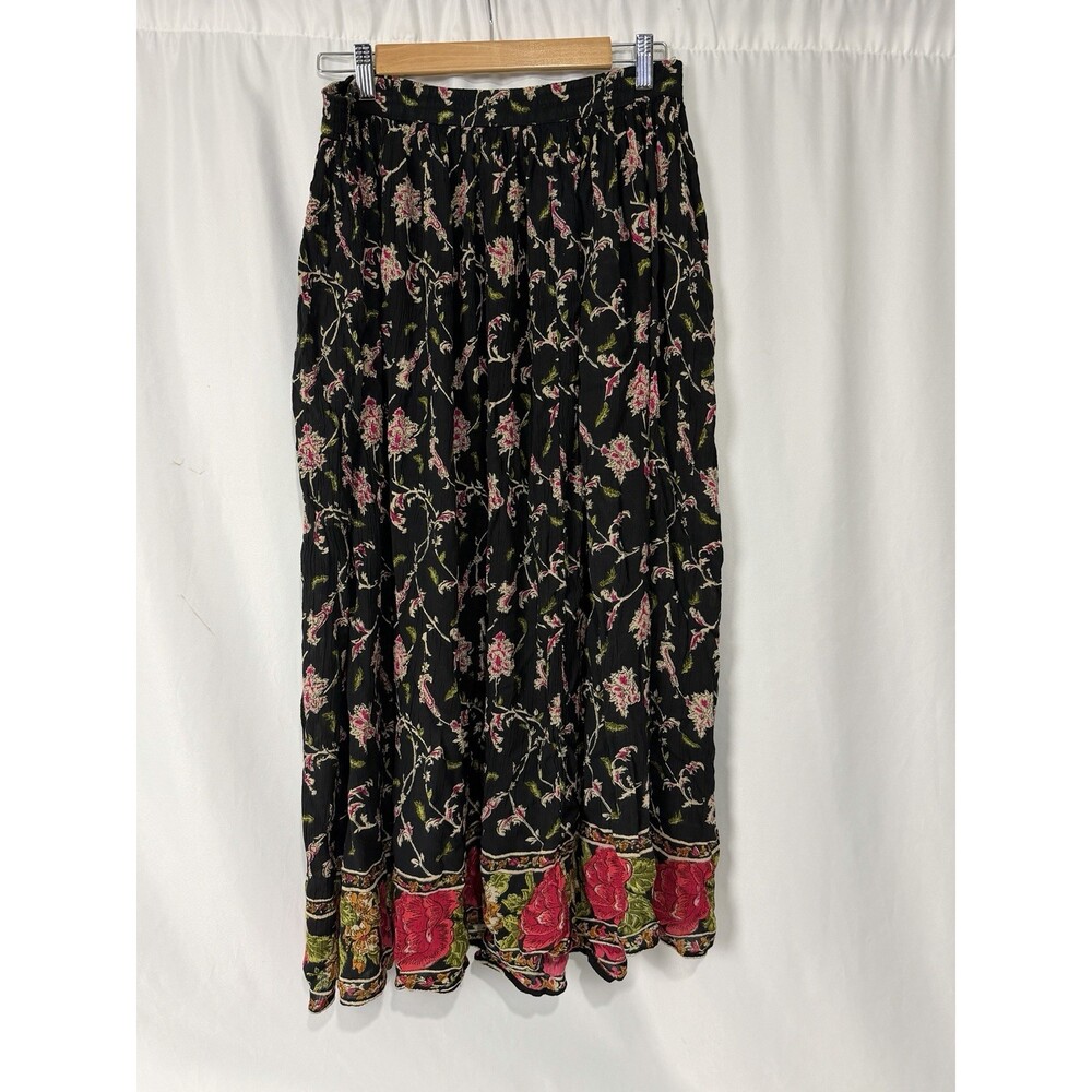 90s Rhythm Blue Floral Maxi Skirt Womens MSz M Black Crinkle Bohemian Folk